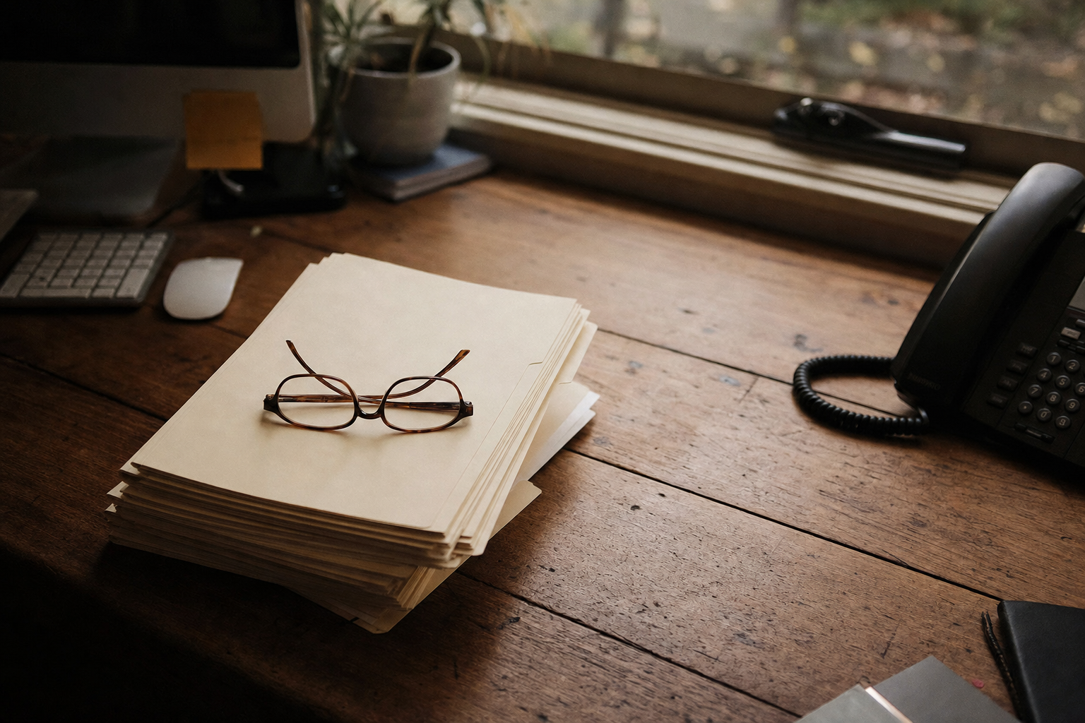 Organised cream manila folders on a wooden desk with one orange tab raised