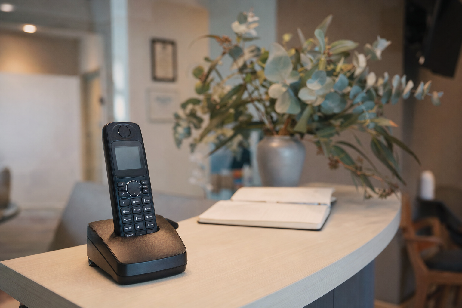 AI receptionist on a wireless desk phone with a calendar booking on a smartphone