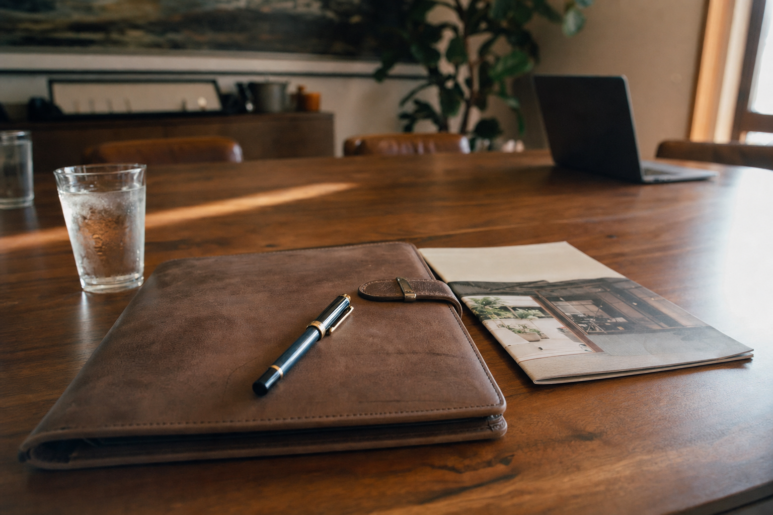 Leather portfolio with welcome kit and stepper UI on tablet