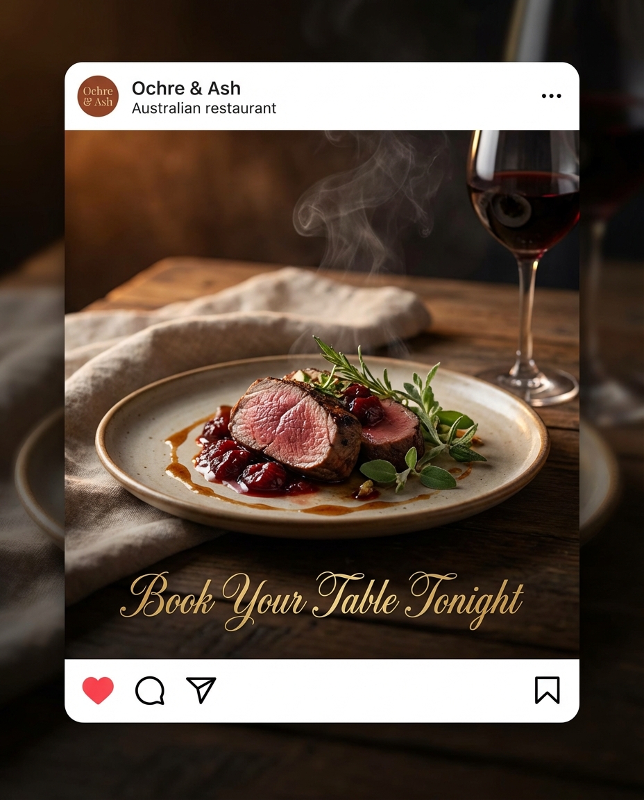 Example AI generated restaurant ad creative shown inside a Facebook feed mockup