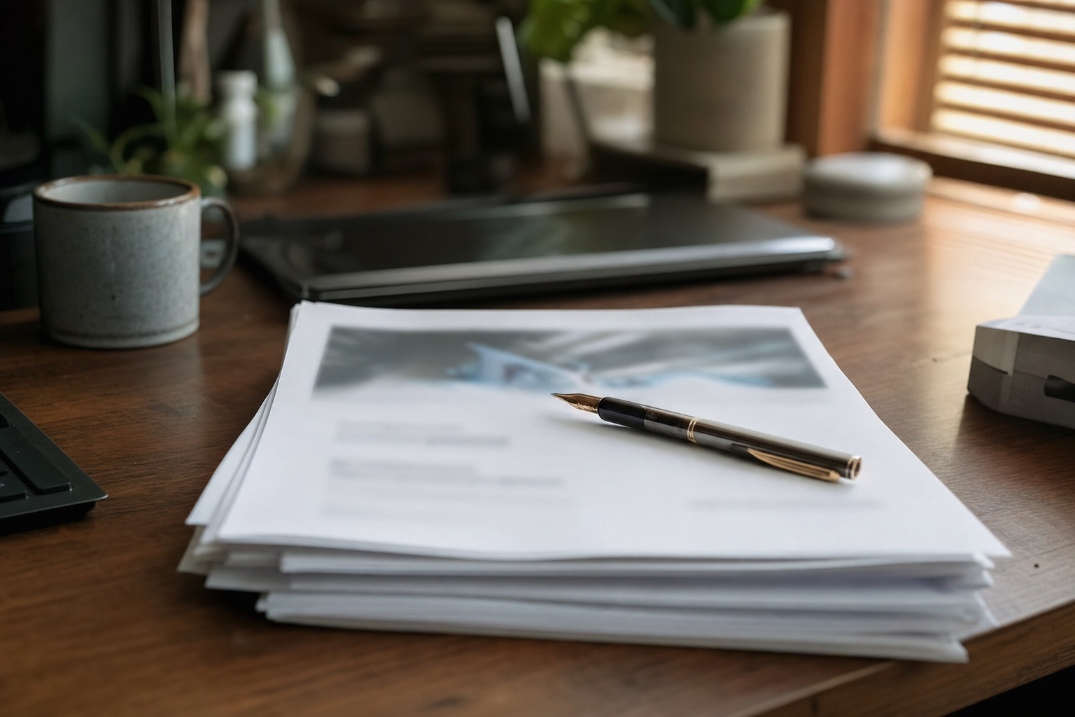 A printed proposal cover and a laptop showing the same document in editor